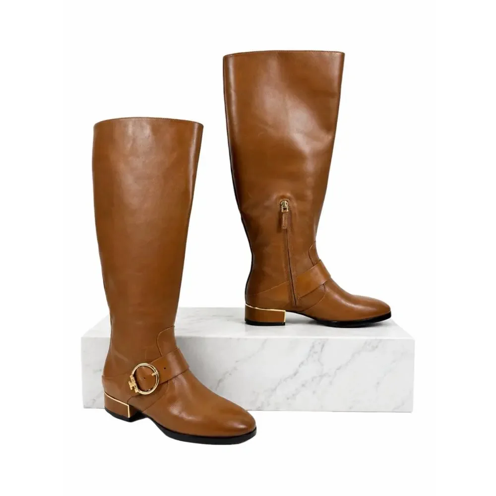 Tory Burch Sofia Tall Riding Boots Leather Logo Festive Brown Size 7